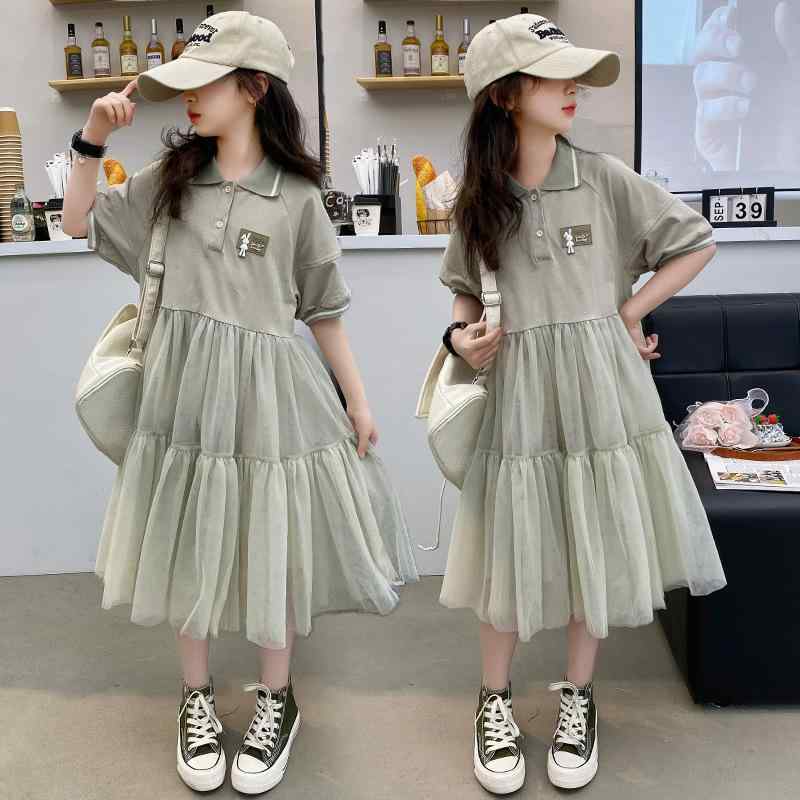 ワンピース 女の子 ジュニア 夏 半袖 プリンセス風 チュールスカート ポロシャツワンピース 韓国風 学..