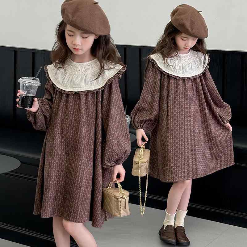 ワンピース 女の子 ジュニア フレンチスタイル スウィート プリンセスドレス ドールカラー 春秋 綿混 長袖 チョコレート色 Aライン 子供服 お出かけ