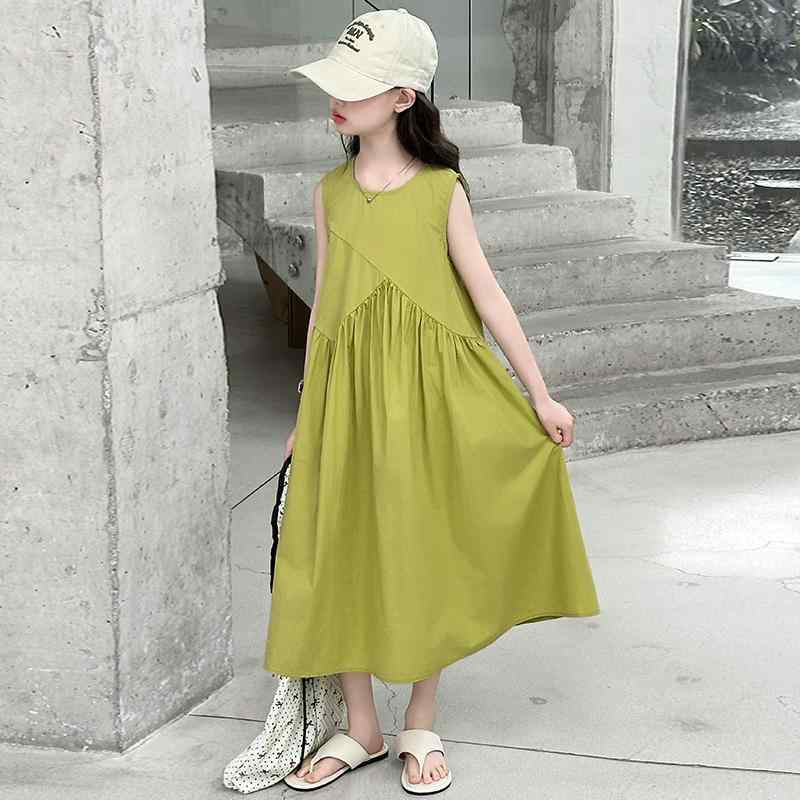 ワンピース 女の子 夏 アボカドグリーン チュール ロング丈 プリンセスドレス 綿混 無地 韓国風 かわい..