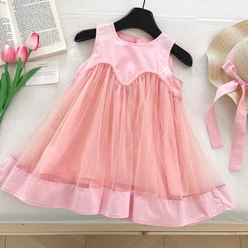 ワンピース 女の子 夏 ノースリーブ リボン プリンセスドレス 切り替え チュール キャミソールワンピース ふんわり コットン 綿 ソフトな肌触り 普段使い お出かけ バースデー かわいい ピンク ブラウン フレアスカート