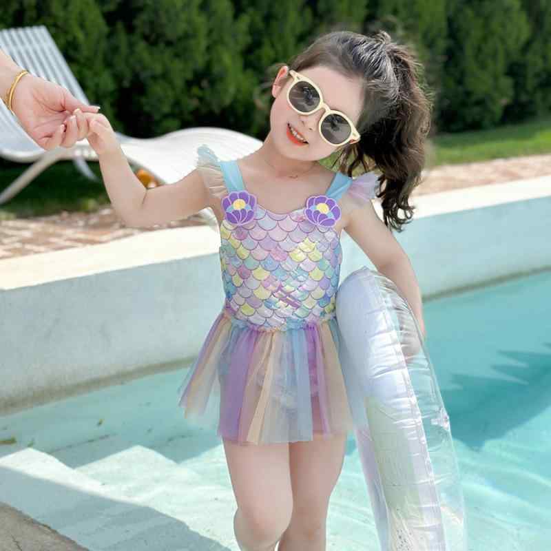 ワンピース水着 女の子 キッズ フリル袖 チュールスカート マーメイド シェルデザイン かわいい おしゃ..