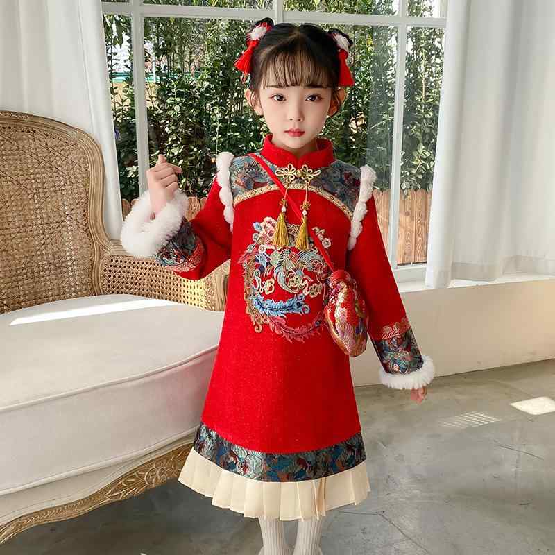 チャイナドレス 女の子 新年 お正月 晴れ着 裏起毛 防寒 長袖 シェニール ワンピース 花柄 唐装 漢服風 厚手 暖かい 秋冬 レッド 赤色