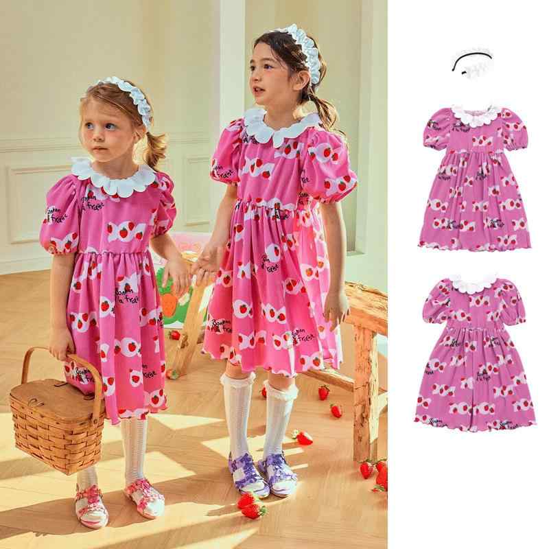 ワンピース 女の子 キッズ 夏 いちご柄 ストロベリープリント パフスリーブ 半袖 ギャザー Aライン フレア 韓国風 プリンセスライン かわいい スイート ポリエステル お出かけ 普段着