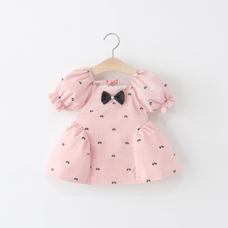 ワンピース ベビー 女の子 春夏 プリンセスライン パフスリーブ リボン 半袖 綿混 ドレス 発表会 結婚式 フォーマル 1歳 2歳 3歳 幼児 80cm 90cm 100cm ピンク