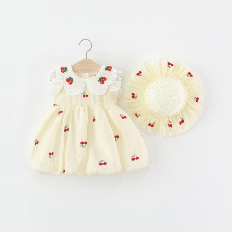 ワンピース ベビー 女の子 乳幼児 1歳 プリンセスライン 夏服 かわいい おしゃれ ノースリーブ イチゴ柄 コットンブレンド 柔らか素材 普段使い 誕生日 お出かけ ベージュ