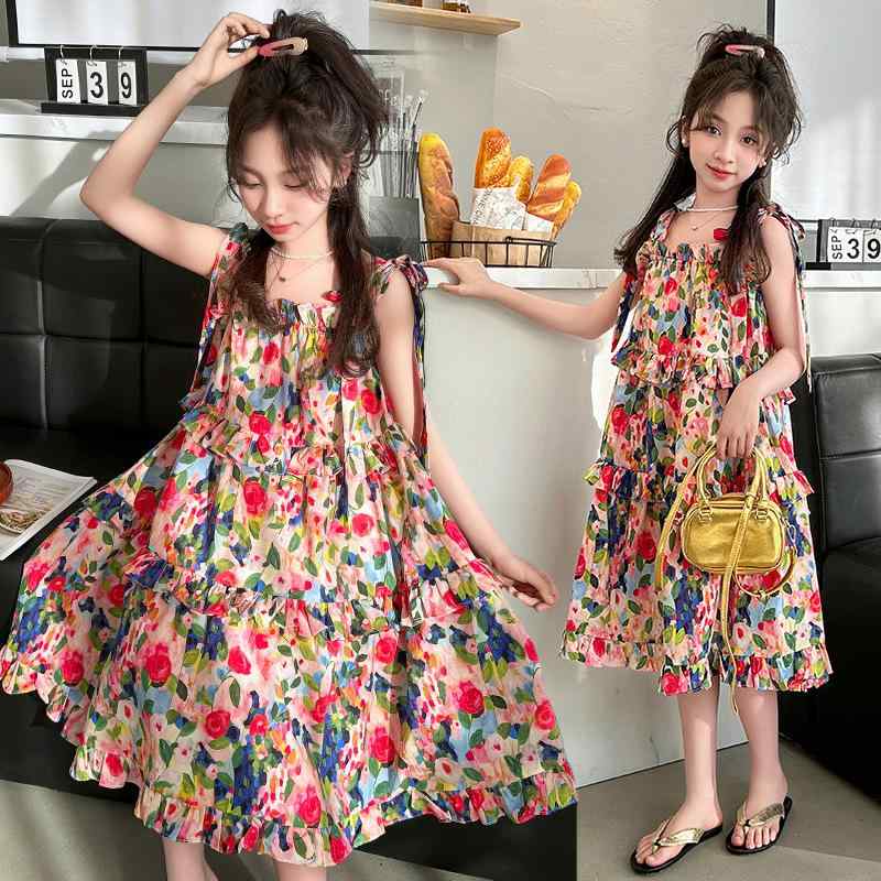 ワンピース 女の子 ジュニア 切り替え 小花柄 ビーチドレス リゾートワンピース ミディ丈 ノースリーブ..