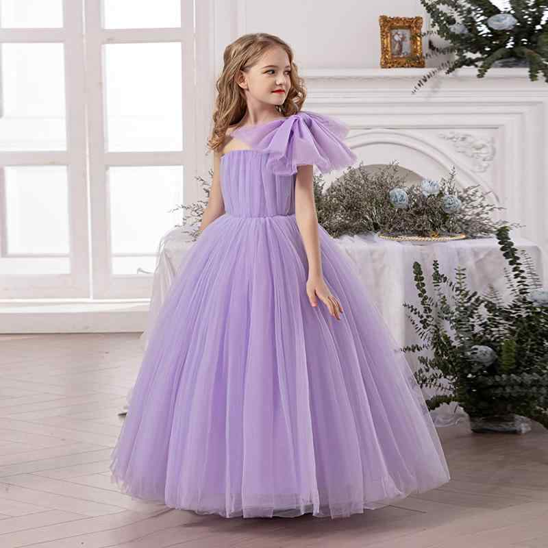 ドレス キッズ 女の子 ワンショルダー リボン チュール ピアノ発表会 演奏会 誕生日 パーティー 結婚式 フラワーガール プリンセス ボリューム フォーマル ワンピース 紫 オールシーズン