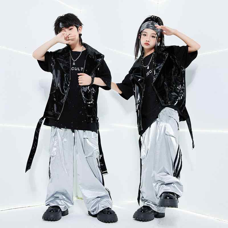 ダンス衣装 キッズ 男の子 女の子 ストリート ヒップホップ ジャズ ドラム 発表会 演出 ステージ セットアップ 上下セット フェイクレザー ベスト ジレ トレンド 個性的