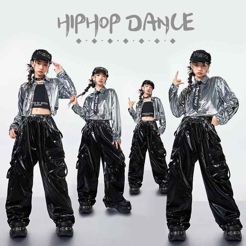 キッズ 女の子 JAZZ ストリート系 ダンスウェア セットアップ クロップ丈 トップス レザー調 グレー ポリエステル ヒップホップ 発表会 ステージ 練習着 クール おしゃれ かっこいい