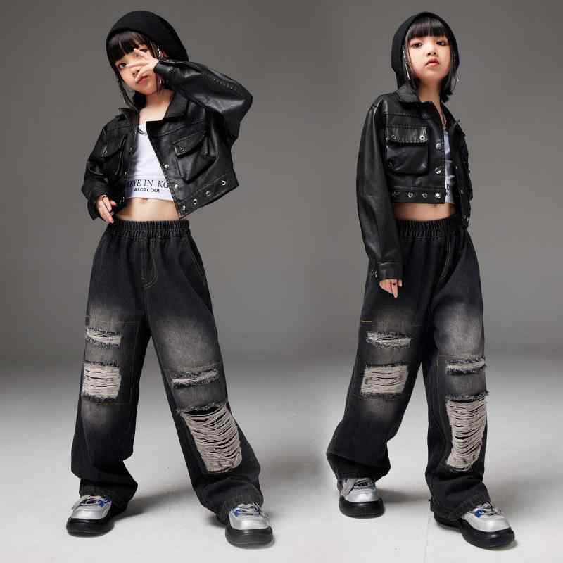 ダンス衣装 キッズ 女の子 ストリートダンス ジャズダンス PUレザージャケット ヒップホップ 発表会 舞台 イベント用 クール おしゃれ グループパフォーマンス 春秋 ブラック セットアップ