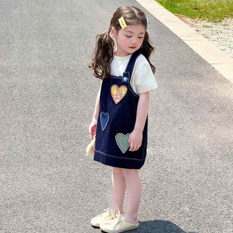 セットアップ 女の子 キッズ 半袖 デニム サロペットスカート 綿 薄手 柔らかな肌触り おしゃれ スタイリッシュ カジュアル 韓国風 2点セット 夏物 通園 お出かけ