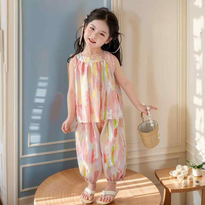 セットアップ 女の子 夏物 ノースリーブ キャミソール 落書きプリント 綿 薄手 涼しい かわいい おしゃ..