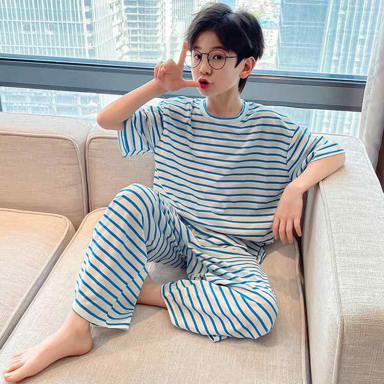 パジャマ キッズ 男の子用 ストライプ柄 半袖 長ズボン セットアップ 綿 コットン 薄手 ゆったり 部屋着 ルームウェア 冷房対策 カジュアル おしゃれ 夏用 ブルー グレー