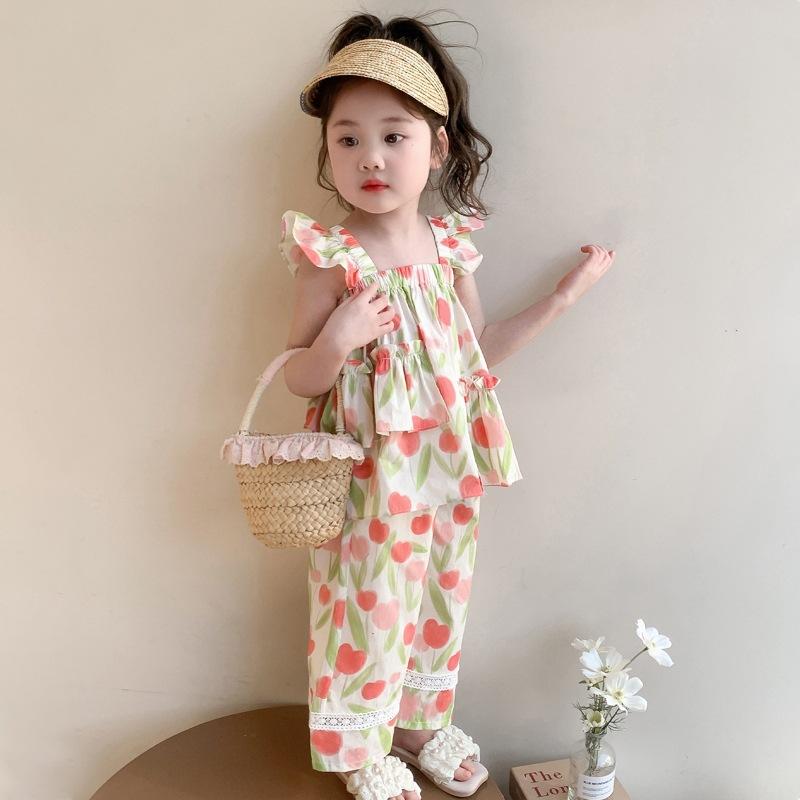 セットアップ 女の子 キッズ 春夏服 ツーピース 半袖 綿 コットン 柔らかい肌触り 花柄 フラワー 森ガ..