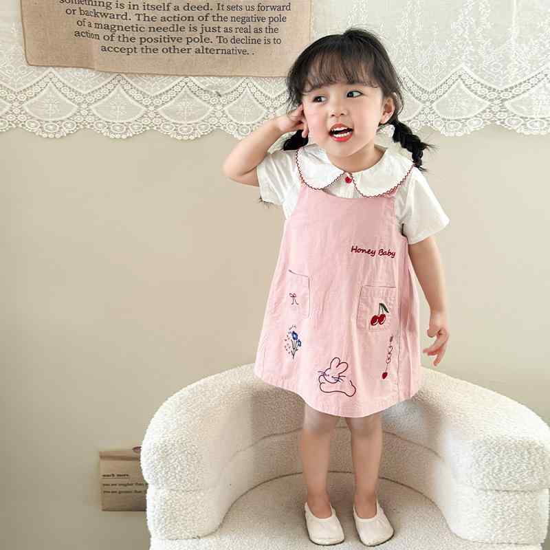 セットアップ 女の子 ベビー キッズ 春夏 ドールカラーシャツ サロペットスカート 綿 コットン 薄手 柔らか 肌触り 無地 刺繍 かわいい 普段使い お出かけ