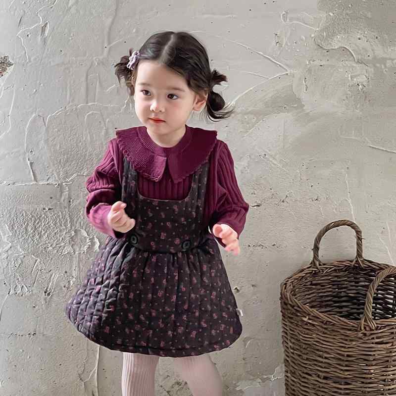 キッズ 女の子 ベビー セットアップ 秋冬 韓国風 カジュアル 長袖 ニットトップス プルオーバー 花柄 サロペットスカート レギンス 綿混 コットン 柔らか素材 かわいい 上下セット 幼児 80cm 90cm 100cm