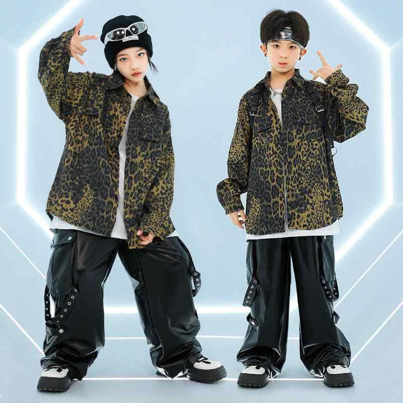 ダンスウェア キッズ 男の子 女の子 ヒップホップ ストリートダンス ヒョウ柄 ブラック セットアップ ..