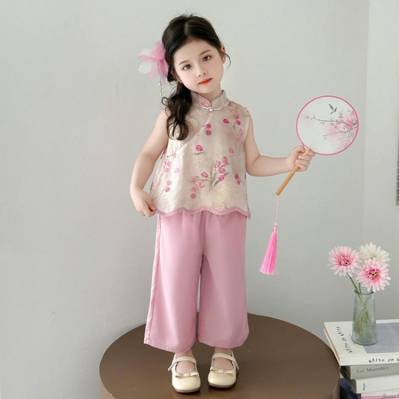 セットアップ 女の子 夏 漢服 新中華風 中国風 古典風 梅柄 花柄 ピンク系 ノースリーブ トップス 九分..