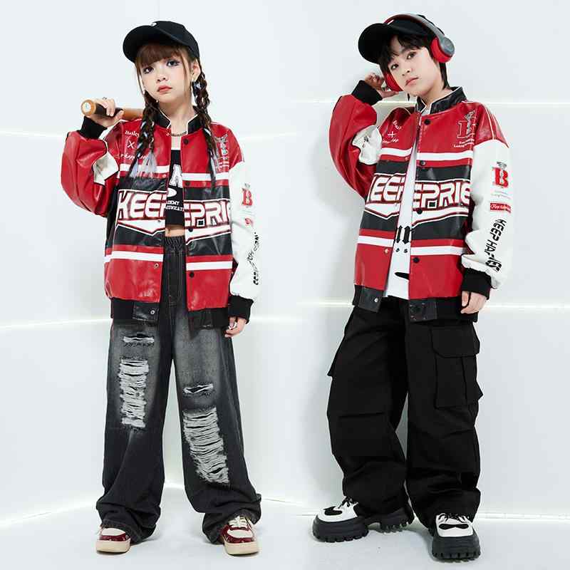 セットアップ キッズ 男の子 女の子 フェイクレザー ジャケット 上下セット ストリートダンス ヒップホップ ダンス衣装 発表会 ステージ衣装 バイカー カジュアル ポリエステル 柔らかな肌触り