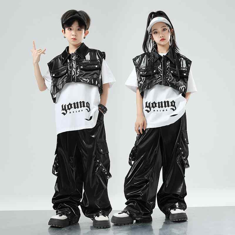 ダンス衣装 キッズ 男の子 女の子 ストリート ヒップホップ ジャズ 発表会 ステージ パフォーマンス セットアップ 上下セット フェイクレザー ポリエステル 柔らかい ブラック ホワイト ショート丈 ベスト ジレ 長ズボン ファッションショー
