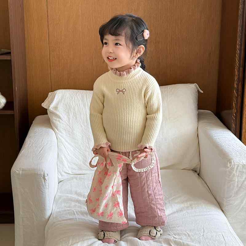 ベビー 女の子 セットアップ 秋冬 長袖 ニット セーター コットンパンツ 無地 厚手 柔らかい かわいい リボン フリル 綿混 ポリエステル