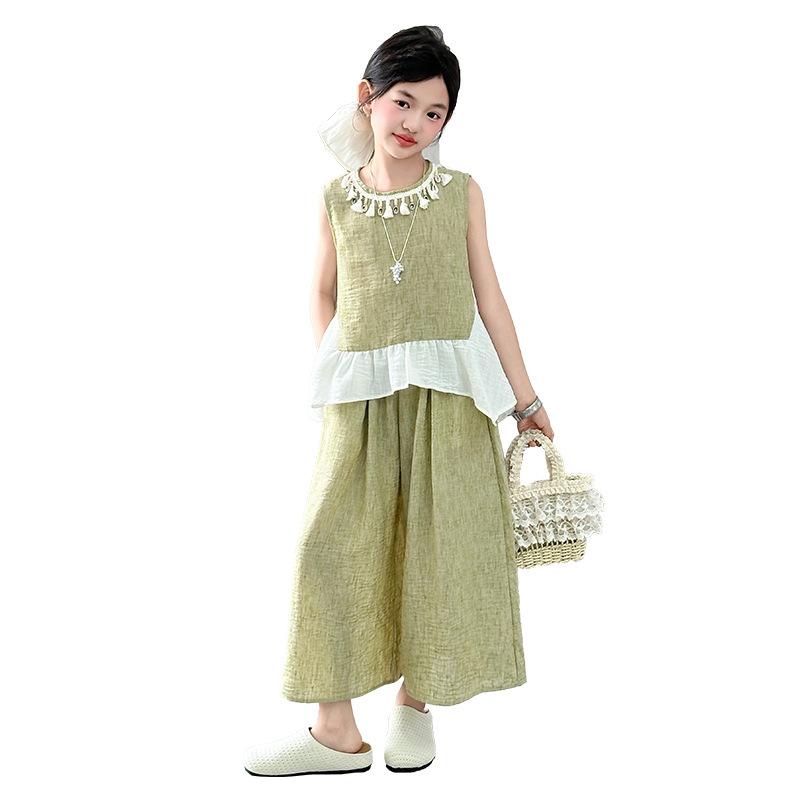 パンツセットアップ 女の子 女児 春夏 ノースリーブ 綿麻 コットンリネン 通気性 涼感 薄手 柔らか素材 九分丈 無地 グリーン ジュニア カジュアル 普段使い