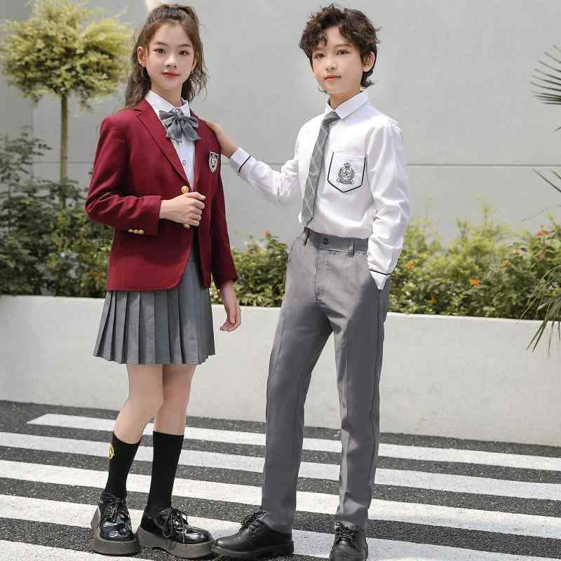 フォーマルスーツ キッズ 子供 男女兼用 学院風 小中学生 制服 学生服 発表会 合唱 朗読 卒業式 入学式 舞台 イベント ブレザー ジャケット セットアップ パンツ スカート ワインレッド グレー コットン 綿 春秋