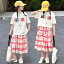 セットアップ キッズ 女の子 フレンチレトロ 赤 チェック柄 綿100% ゆったり 薄手 ロング丈 ハイウエス..