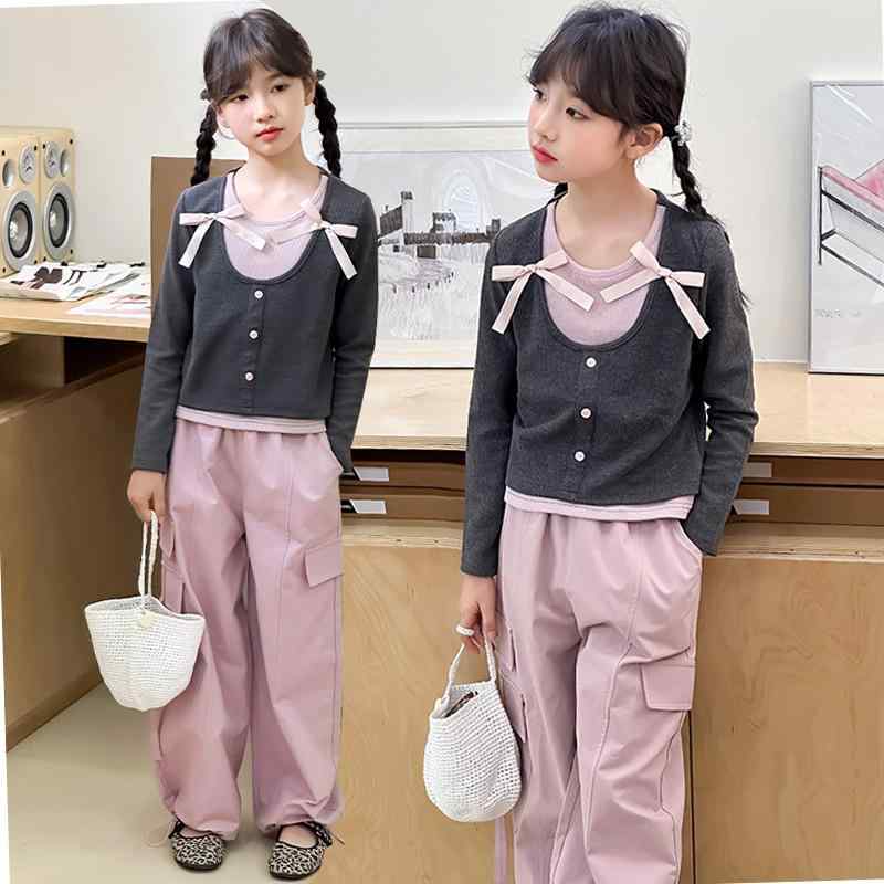 キッズ 女の子 セットアップ アメカジ風 ゆったり ルーズ 長袖 プルオーバー トップス ストレート ワイ..