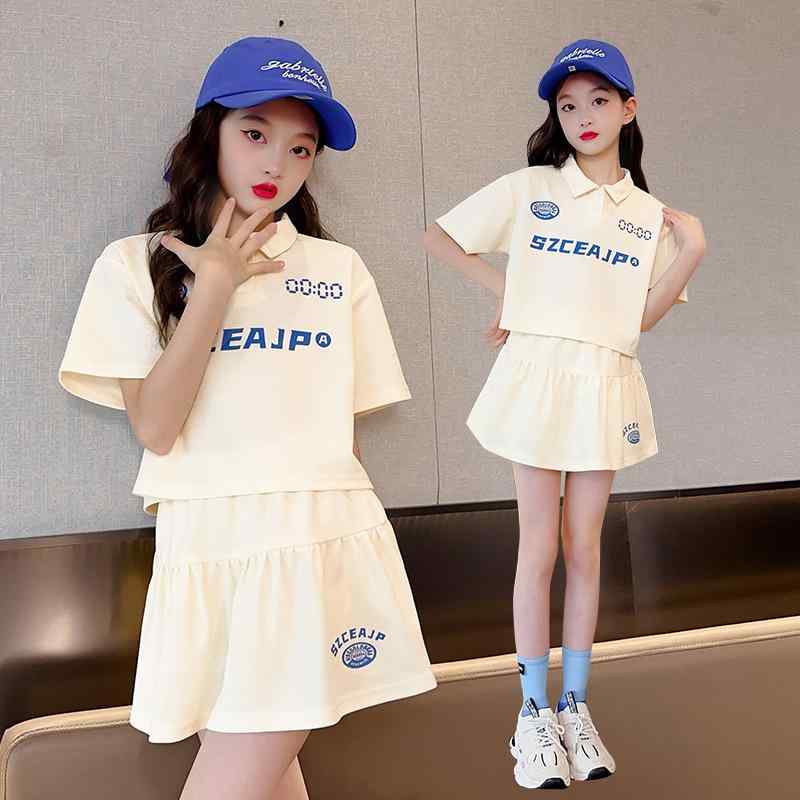 キッズ 女の子 セットアップ ポロシャツ ショートスカート 2点セット アルファベット柄 綿素材 薄手 夏..