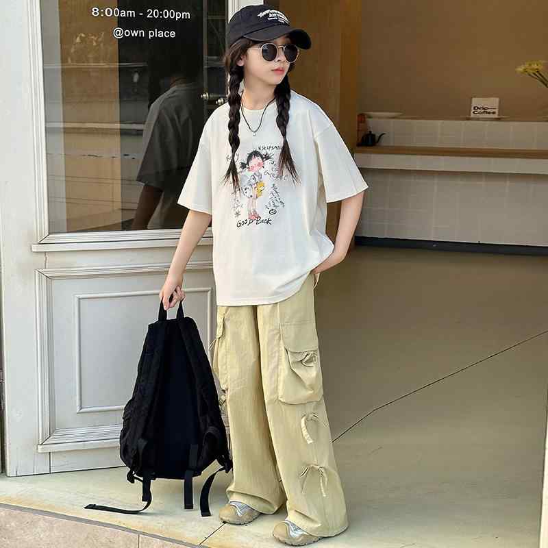 キッズ 女の子 ジュニア 春夏 韓国子供服 セットアップ 半袖トップス カーゴパンツ 綿素材 薄手 柔らか..