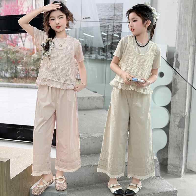 セットアップ キッズ 女の子 中大童 ジュニア 夏 韓国風 おしゃれカジュアル かわいい レースフリル半袖Tシャツ ワイドパンツ パンツセット 3点セット 綿 コットン 薄手 柔らかい 肌触り良い ピンク アプリコット