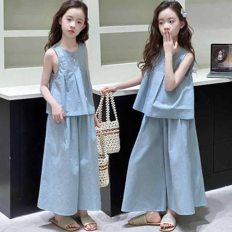 キッズ 女の子 セットアップ 夏 ノースリーブ ワイドパンツ ゆったり ルーズシルエット 九分丈 麻 綿 ..