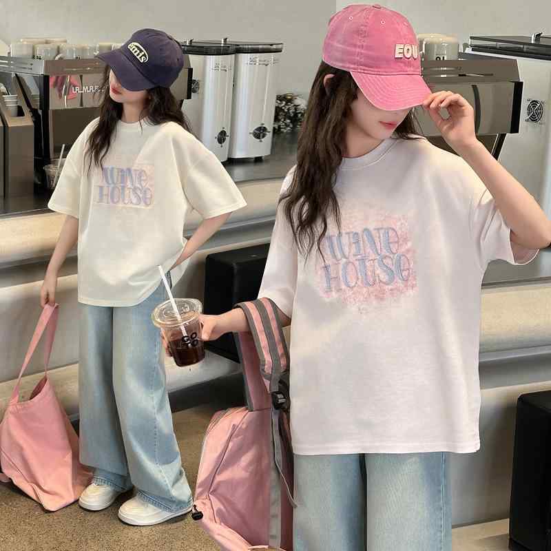 キッズ 女の子 セットアップ 春夏 韓国風 スポーツ カジュアル 綿 アルファベット柄 半袖 Tシャツ デニ..