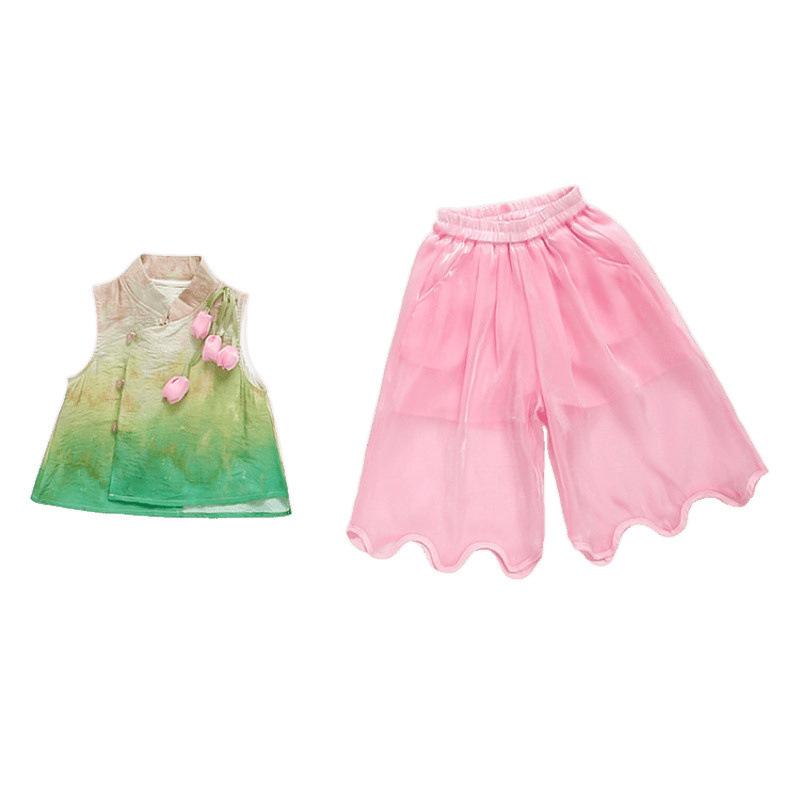 子供服 女の子 綿混 ノースリーブ トップス 九分丈パンツ セットアップ 絞り染め グラデーション チュ..