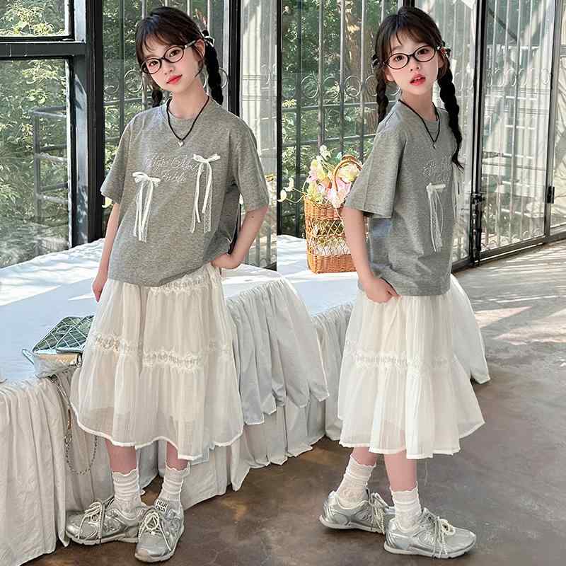 キッズ ガールズ ジュニア 半袖 Tシャツ スカート セットアップ ツーピース 春夏 綿 コットン 柔らかい..