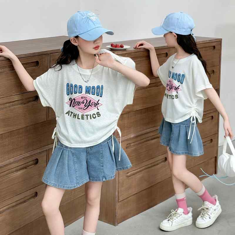 キッズ 女の子 春夏 半袖 セットアップ 韓国ファッション デニム ジーンズ ショートパンツ 2点セット ..