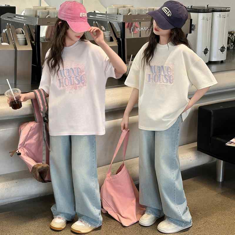 キッズ 女の子 Tシャツ デニムパンツ セットアップ 夏物 プリント 半袖 ゆったり ストレートジーンズ カジュアル ジュニア 薄手 コットン 普段使い 快適