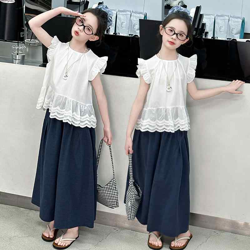 セットアップ 女の子 ジュニア 小中学生 春夏 フリル袖 キャップスリーブ 薄手 柔らかい 綿混 コットン..