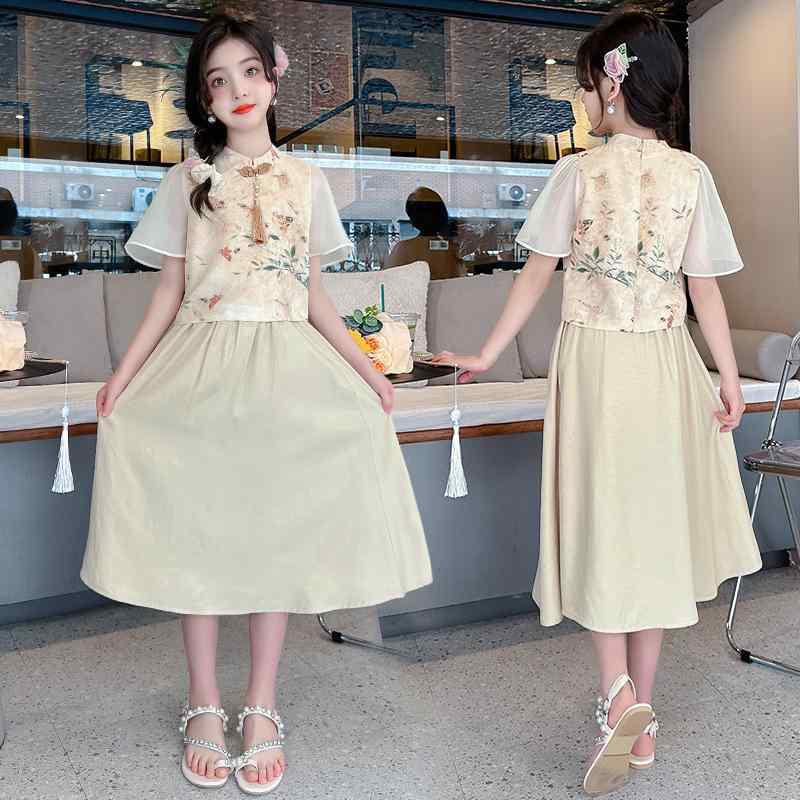 チャイナドレス 女の子 キッズ セットアップ 春夏 薄手 モダンチャイナ風 発表会 舞台 衣装 ポリエステ..