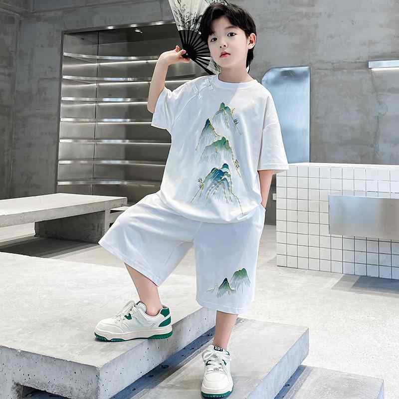 唐装 キッズ 男の子 春夏 漢服 チャイナ服 中華風 盤扣 四山五岳デザイン カジュアル 薄手 柔らかい肌..