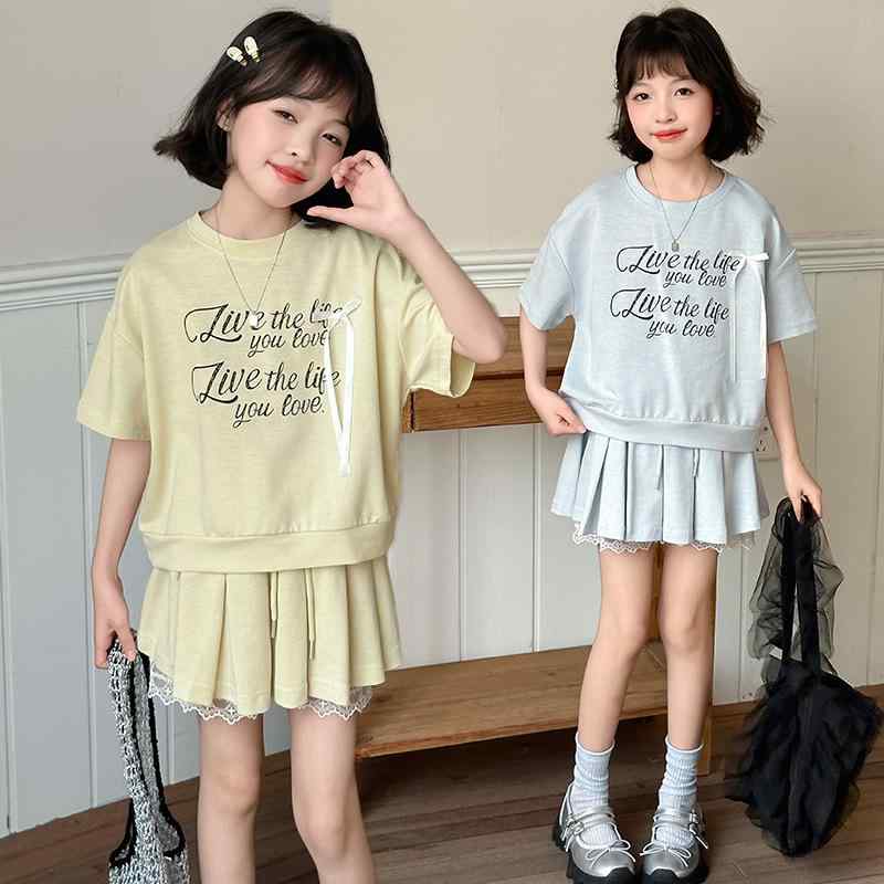 セットアップ キッズ 女の子 韓国風 英字プリント 半袖 Tシャツ レース プリーツスカート 2点セット 綿100% 薄手 春夏 おしゃれ カジュアル 普段使い