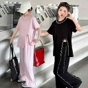 セットアップ 女の子 ジュニア ガールズ 春夏 半袖 スポーツカジュアル 普段使い お出かけ 通学 おしゃれ パール スリット ワイドパンツ 綿 コットン 薄手 柔らか 2点セット