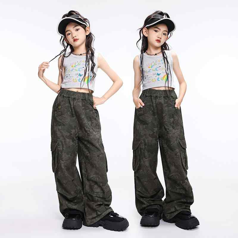 ダンスウェア キッズ 女の子 女児 ジャズダンス ストリート ヒップホップ セットアップ 練習着 発表会 衣装 舞台 ステージ パフォーマンス ドラム コットン 迷彩柄 灰色 おしゃれ かっこいい