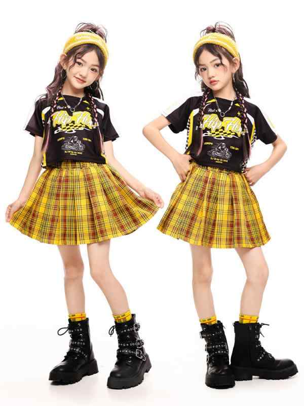 キッズ 発表会 衣装 女の子 ガールズ ジャズダンス 舞台 イベント レッスン着 韓国風 おしゃれ チェック柄 プリーツスカート セットアップ ポリエステル 夏