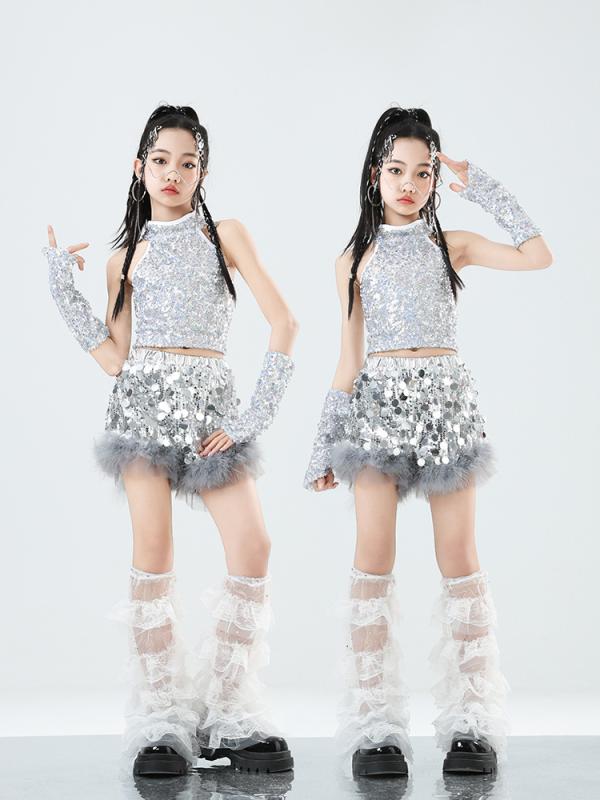 ダンス衣装 キッズ 女の子 ガールズ ヒップホップ ストリート スパンコール ファー ベスト ショートパンツ セットアップ シルバー テック系 スイートクール 発表会 舞台 ポリエステル綿