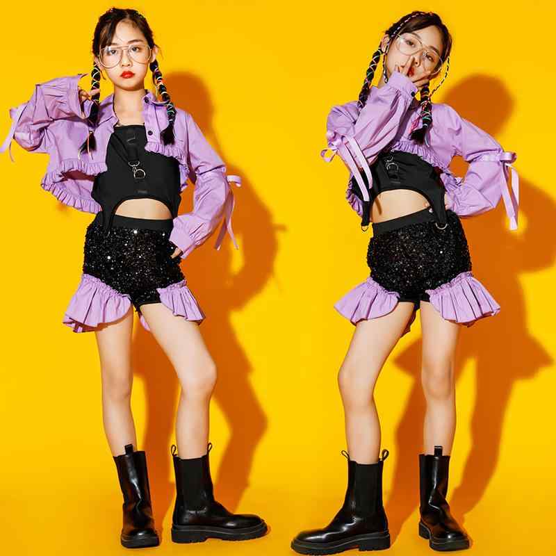 キッズ ダンスウェア 女の子 ジャズ ヒップホップ スパンコール セットアップ 発表会 舞台 ステージ パ..
