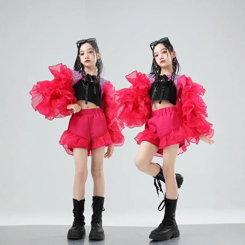 ダンス衣装 キッズ 女の子 ガールズ ピンク スパンコール パフスリーブ ジャズダンス 発表会 舞台 ステージ セットアップ カジュアル ストリート系 ポリエステル レース メッシュ ショート丈トップス スカート 上下セット かわいい レッスン着 練習着