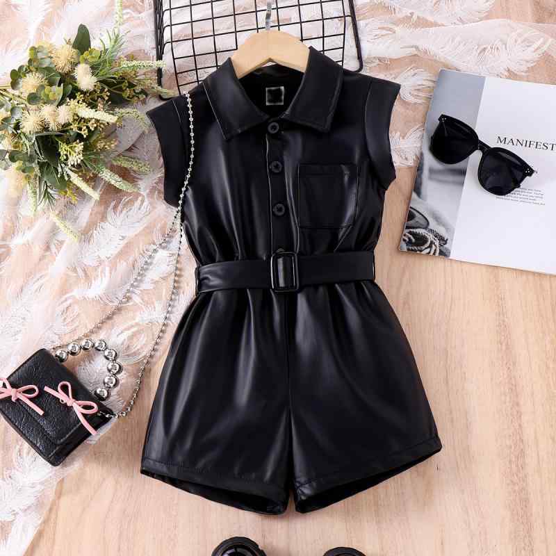 キッズ 女の子 セットアップ ガールズ 欧米風 春夏 PUレザー フェイクレザー 襟付き ノースリーブ ショートパンツ 短パン 前ボタン ベルト付き 2点セット カジュアル お出かけ 黒