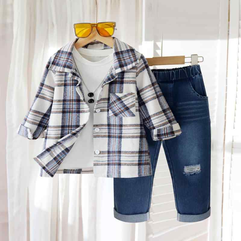 キッズ 女の子 セットアップ 春秋 チェック柄シャツ ジャケット デニム ダメージ加工 ロングパンツ 2点セット 綿混 カジュアル 欧米風 お出かけ ブルー